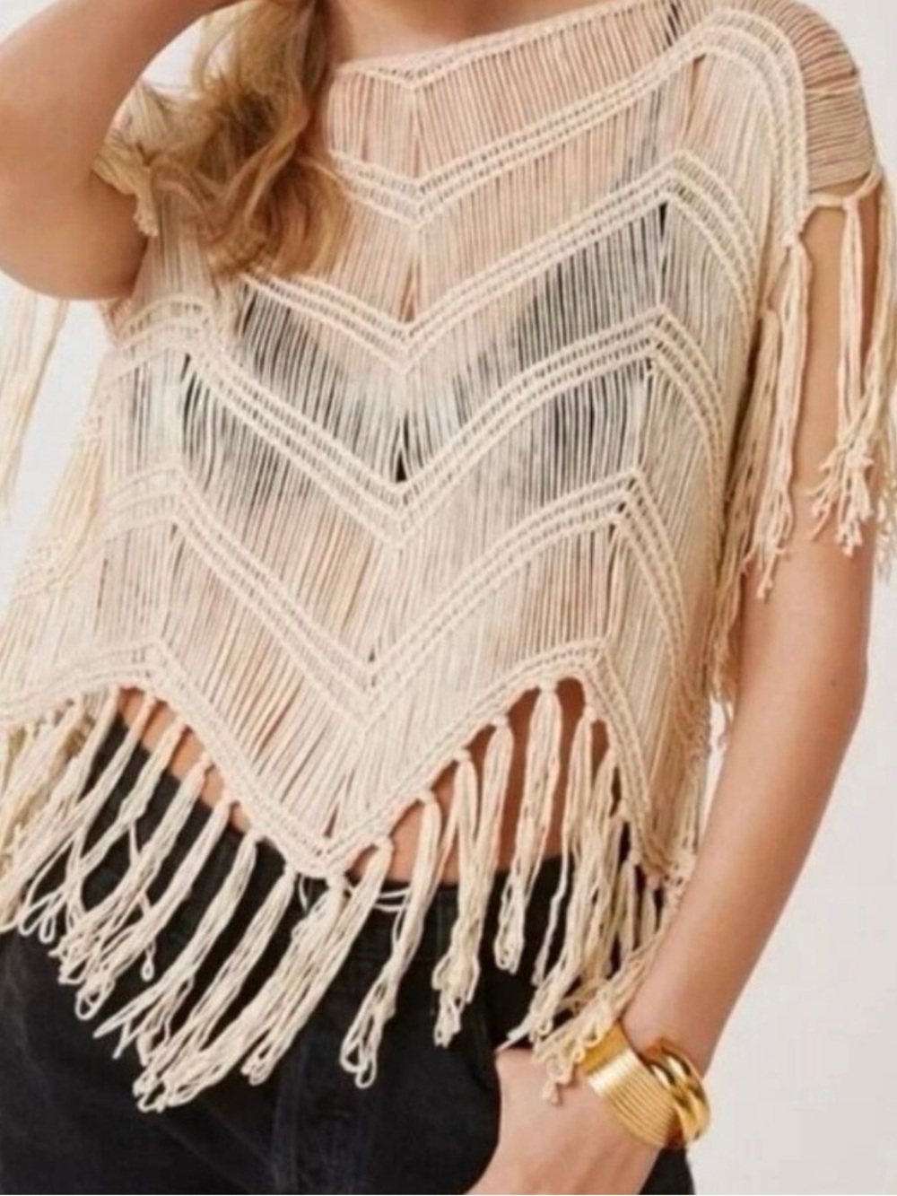 Anthropologie Cream Crochet Fringe Tank